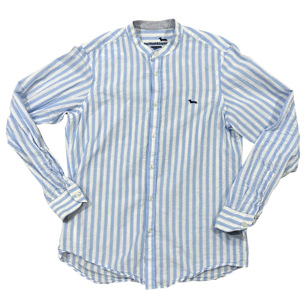 Harmont & Blaine Mens Band Collar Blue Striped Shirt Regular Fit Small linen